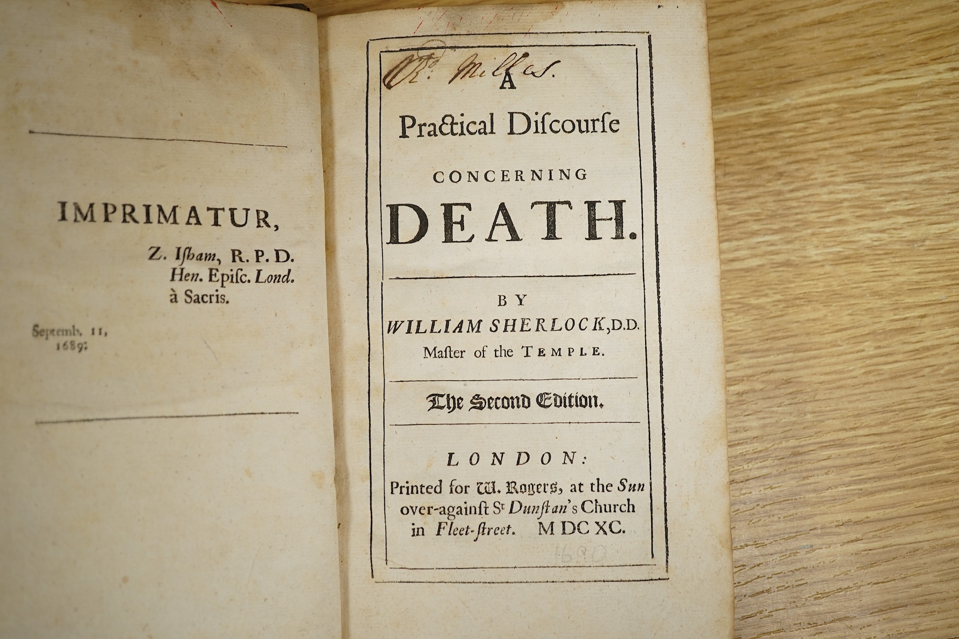 Sherlock, William - A Practical Discourse Concerning Death. 2nd edition. imprimatur leaf; old calf with panelled spine. printed for W. Rogers ... 1690